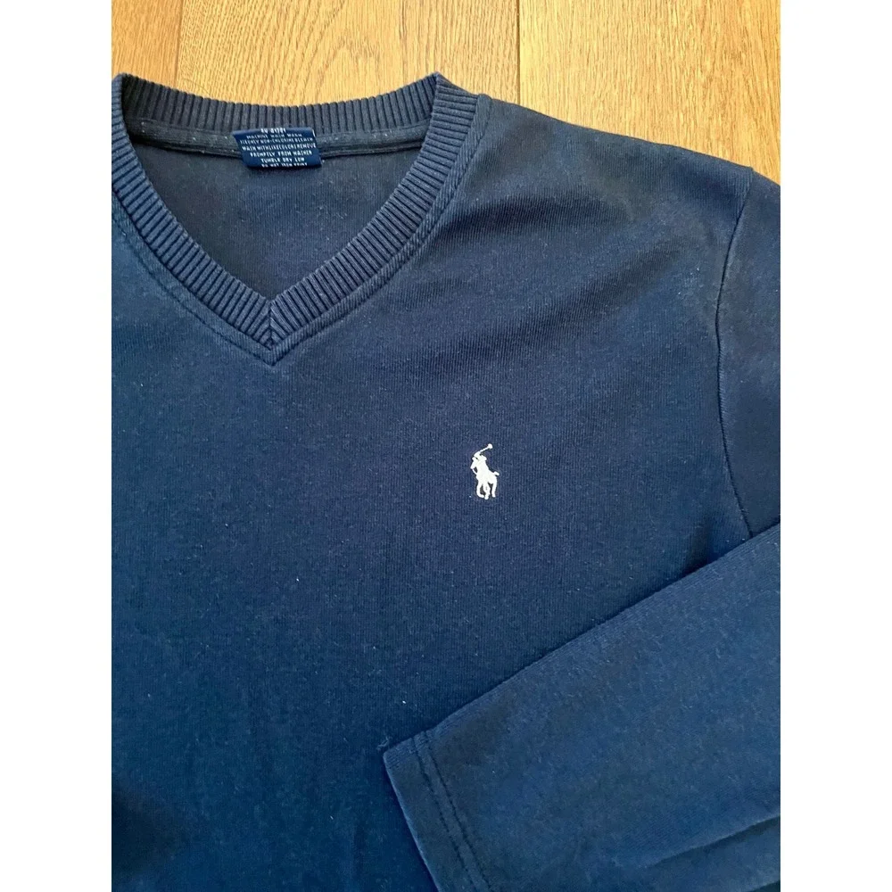Vtg 90's Polo Ralph Lauren V-Neck Navy Long Sleeve Shirt Made in USA Size M
